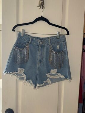 Blue B Collection - Rhinestone Fringe Denim Shorts